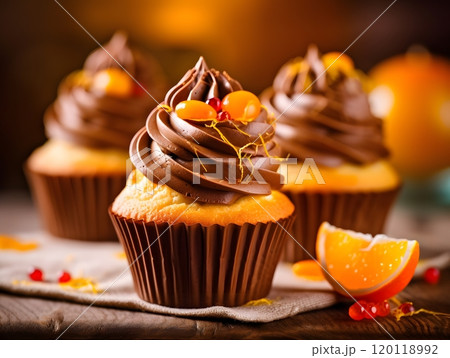 Delicious chocolate orange cupcakes for dessert inspiration and food photography 120118992