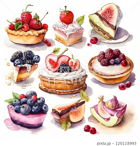 Delicious dessert variety in watercolor for culinary art and design Delicious dessert variety in watercolor for culinary art and design 120118993