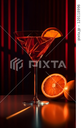 Elegant martini glass with orange slice on modern bar table setting Elegant martini glass with orange slice on modern bar table setting 120118996