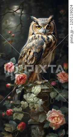 Elegant owl perched amid enchanting roses by pieter franciscus dierckx 120119024