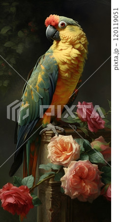 Vibrant parrot and roses in classic painting style - nature and art fusion Vibrant parrot and roses in classic painting style - nature and art fusion 120119051