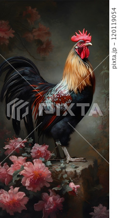 Vibrant rooster painting amidst blossoms by pieter franciscus dierckx Vibrant rooster painting amidst blossoms by pieter franciscus dierckx 120119054