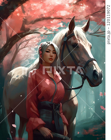 Serene forest ride: woman and horse amidst blossoming trees 120119072