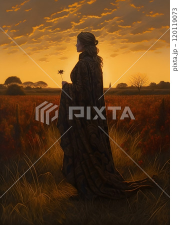 Serene silhouette of a woman in a field at sunset for art print decor 120119073