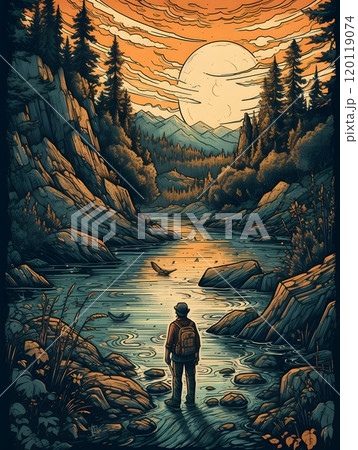 Serene wilderness adventure poster - man standing by a tranquil lake at sunset 120119074