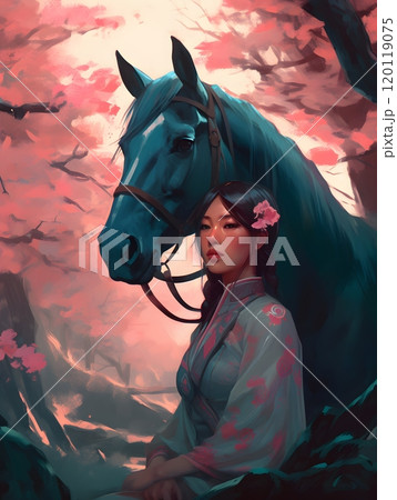 Serene woman with horse in enchanted forest setting during spring bloom 120119075