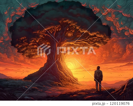Silhouette of a man standing before a majestic tree at sunset - poster art design 120119076