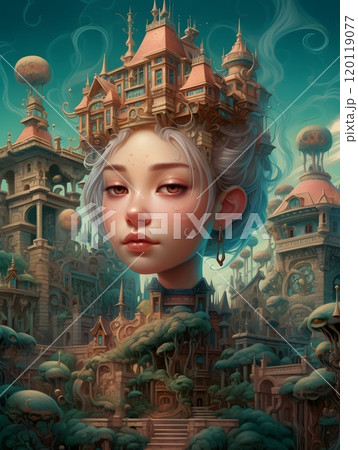 Surreal portrait of woman with architectural fantasy castle hair 120119077