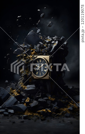 Time's resilience: a broken clock amidst crumbled rocks for conceptual design 120119078