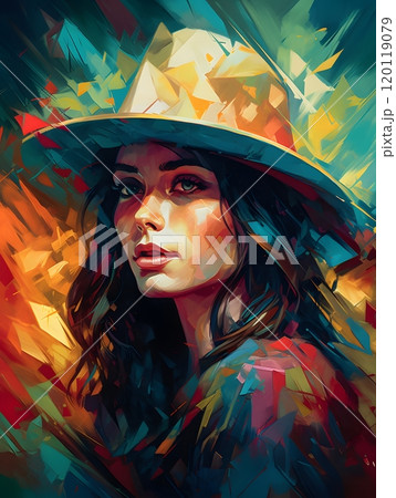 Vibrant portrait of woman in hat: abstract painting by mads berg 120119079