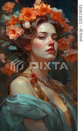 Woman with floral hair adornment in artistic painting portrait 120119081