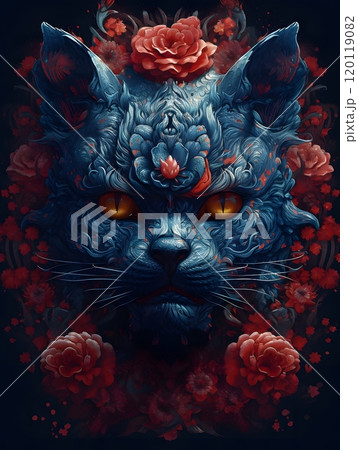 Blue demon cat with red floral accents - fantasy vector illustration for cards and posters 120119082