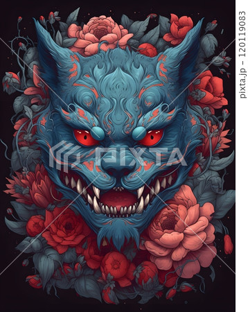 Blue demon with red eyes among vibrant flowers - mythical vector artwork for posters 120119083