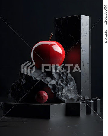 Bold red apple on abstract rock sculpture for modern art display 120119084