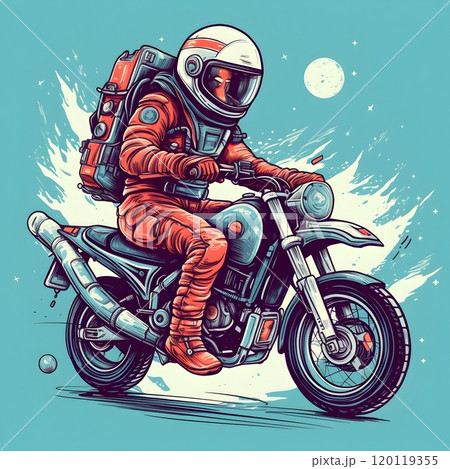 Astronaut adventure: space explorer on motorcycle journey 120119355