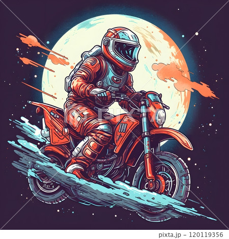 Astronaut biking adventure on a distant moon under starry sky 120119356