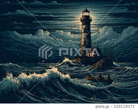 Dramatic lighthouse at sea with moonlit waves ideal for nautical art and home decor Dramatic lighthouse at sea with moonlit waves ideal for nautical art and home decor 120119373