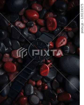 Elegant black watch on red and black rocks for stylish fashion and design Elegant black watch on red and black rocks for stylish fashion and design 120119375