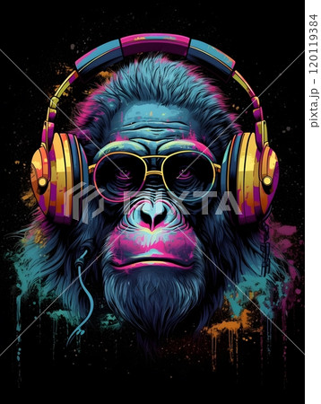 Futuristic gorilla with headphones and sunglasses in synthwave style Futuristic gorilla with headphones and sunglasses in synthwave style 120119384