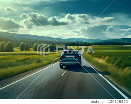 Blue suv driving on scenic country road through lush green fields 120119396