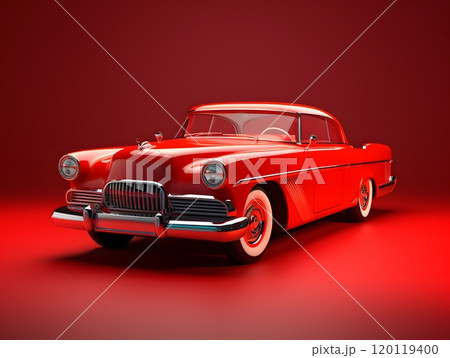 Classic red vintage car on bold red background for retro design and print Classic red vintage car on bold red background for retro design and print 120119400