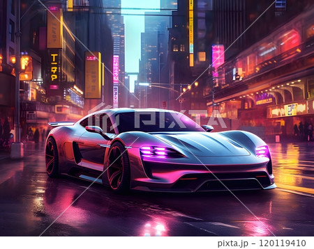 Futuristic car cruising through neon-lit city at night 120119410