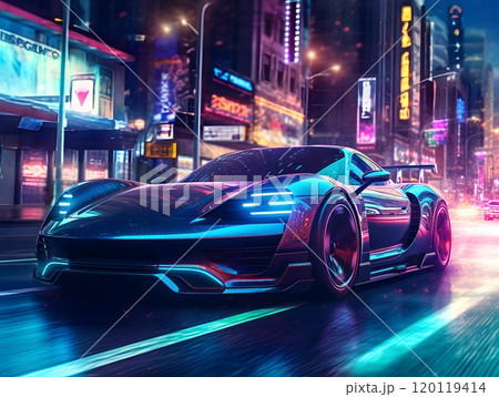 Futuristic sports car cruising through neon-lit city streets at night Futuristic sports car cruising through neon-lit city streets at night 120119414