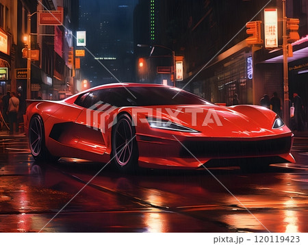Sleek red sports car parked under city lights at night urban automotive photography 120119423