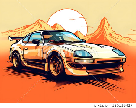 Vintage japanese supra sticker design in retro mountain sunset theme Vintage japanese supra sticker design in retro mountain sunset theme 120119427