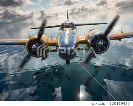 Vintage propeller plane soaring over reflective ocean waters - aviation art for prints Vintage propeller plane soaring over reflective ocean waters - aviation art for prints 120119429
