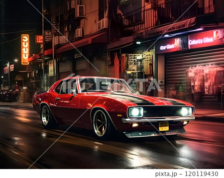 Vintage red car on urban night street - ideal for posters and prints 120119430