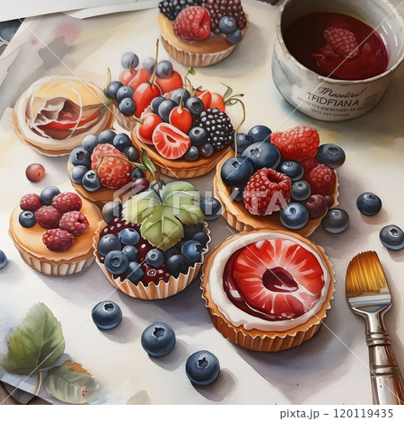 Watercolor painting of assorted berry desserts for culinary art and design Watercolor painting of assorted berry desserts for culinary art and design 120119435