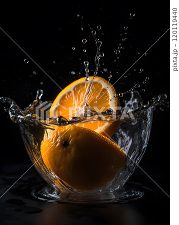 Vibrant orange slice splashing into water in glass bowl perfect for kitchen decor or food-themed projects 120119440