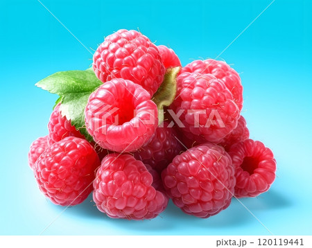 Vibrant raspberry cluster on blue background for fresh produce design Vibrant raspberry cluster on blue background for fresh produce design 120119441
