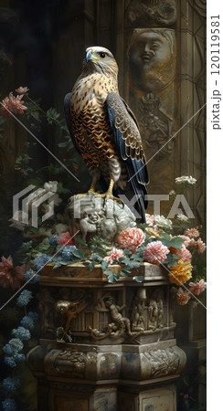Majestic hawk perched on ornate stone in lush garden setting 120119581