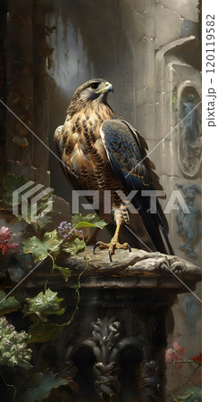 Majestic hawk perched on ornate stone ledge surrounded by lush greenery 120119582
