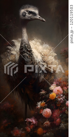 Majestic ostrich in lush floral setting - a blend of wildlife and nature aesthetics 120119583