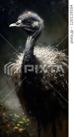 Majestic ostrich portrait amidst lush foliage 120119584