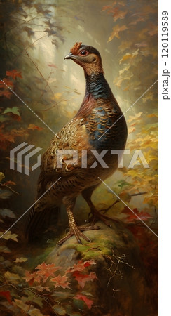 Majestic pheasant perched on woodland rock amidst autumn foliage 120119589