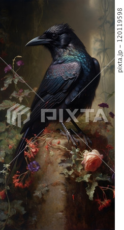 Mystical raven perched amidst enchanting floral surroundings in dreamlike setting Mystical raven perched amidst enchanting floral surroundings in dreamlike setting 120119598