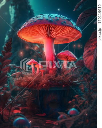 Mystical glowing mushrooms in enchanted forest at night 120119610