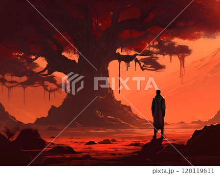 Mystical silhouette under enchanted red tree at sunset 120119611