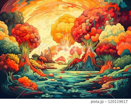 Vibrant surreal landscape with colorful trees and flowing river in abstract art style 120119617