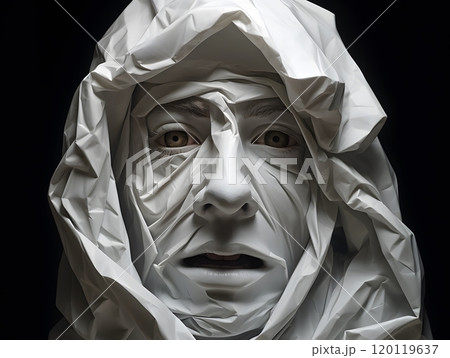 Sculptural face with draped sheet - abstract art and emotion 120119637