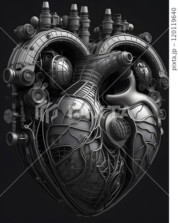 Futuristic mechanical heart: black and white cybernetic art design 120119640