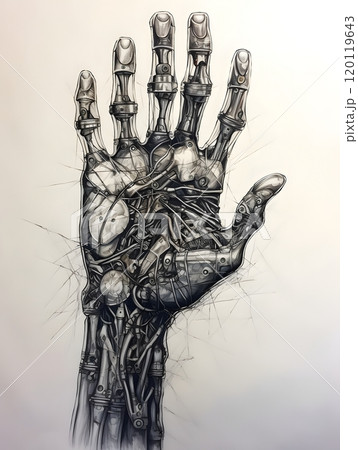 Intricate black and white ink drawing of a mechanical hand for artistic design 120119643