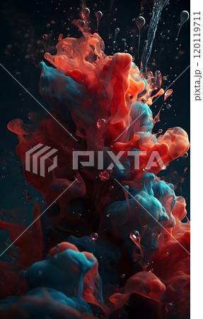 Vibrant abstract ink explosion in water - colorful fluid art photography with red and blue swirls 120119711