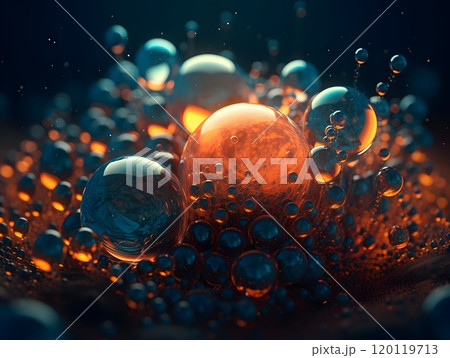 Vibrant glowing abstract bubbles in dark liquid: dynamic macro photography Vibrant glowing abstract bubbles in dark liquid: dynamic macro photography 120119713