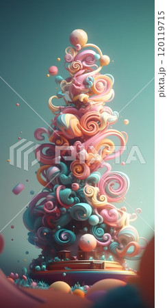 Vibrant swirling candy sculpture: a whimsical explosion of colorful curves and shapes 120119715