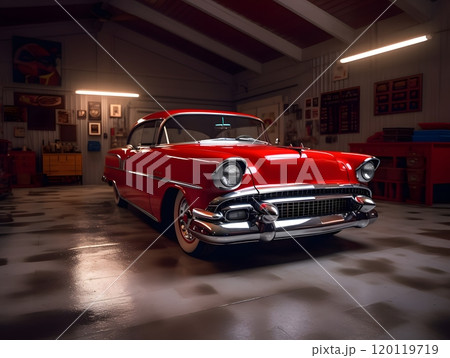 Classic vintage car in retro garage setting with atmospheric lighting 120119719
